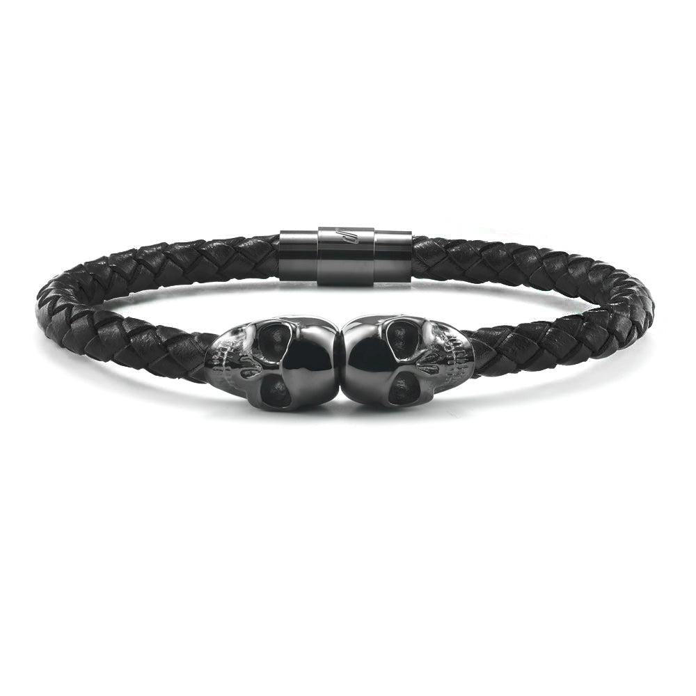 Two layered brown mix black leather bracelet with silver clasp -